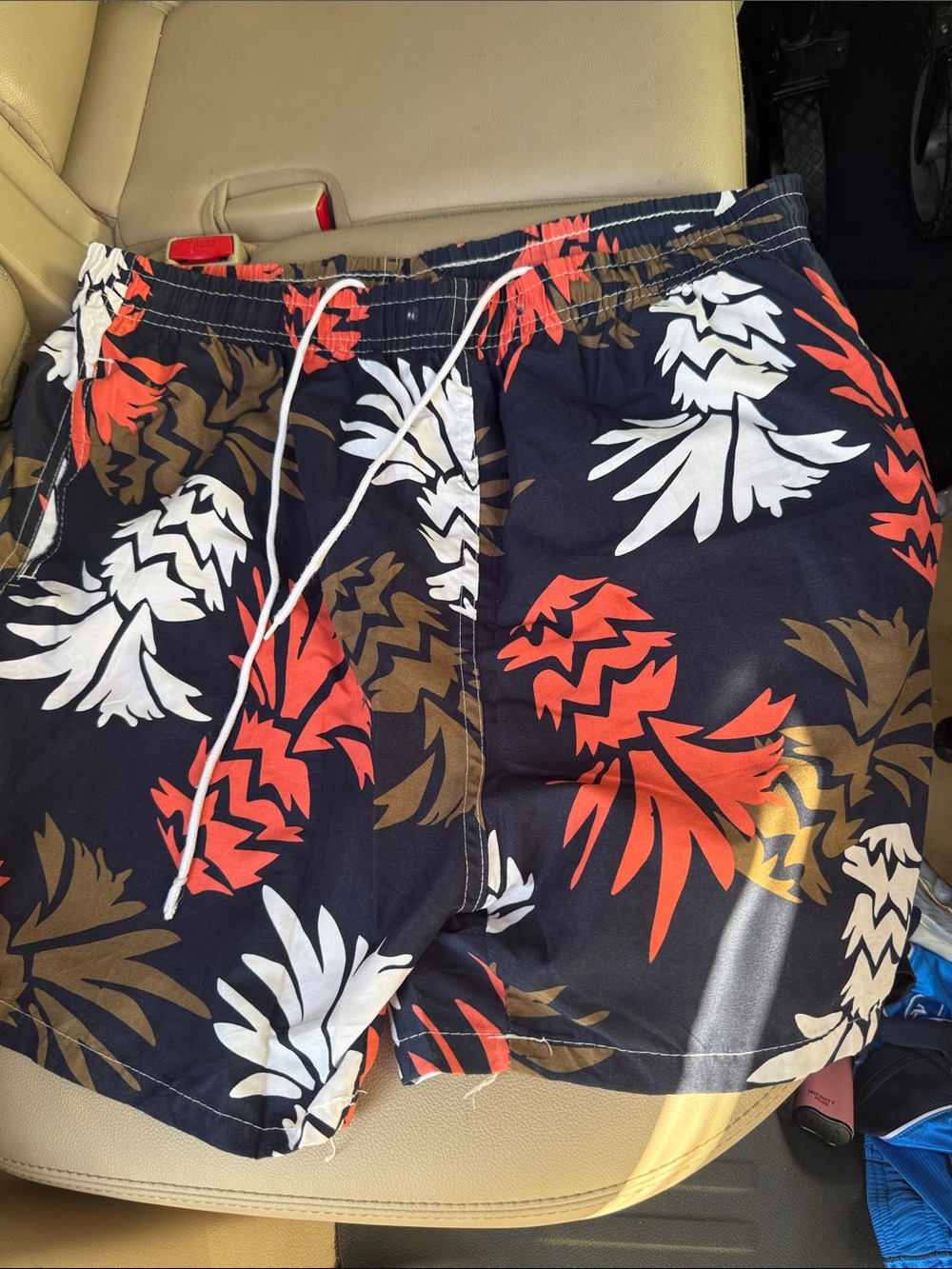Tropical Navy Swim Trunks with Red, White & Brown Print